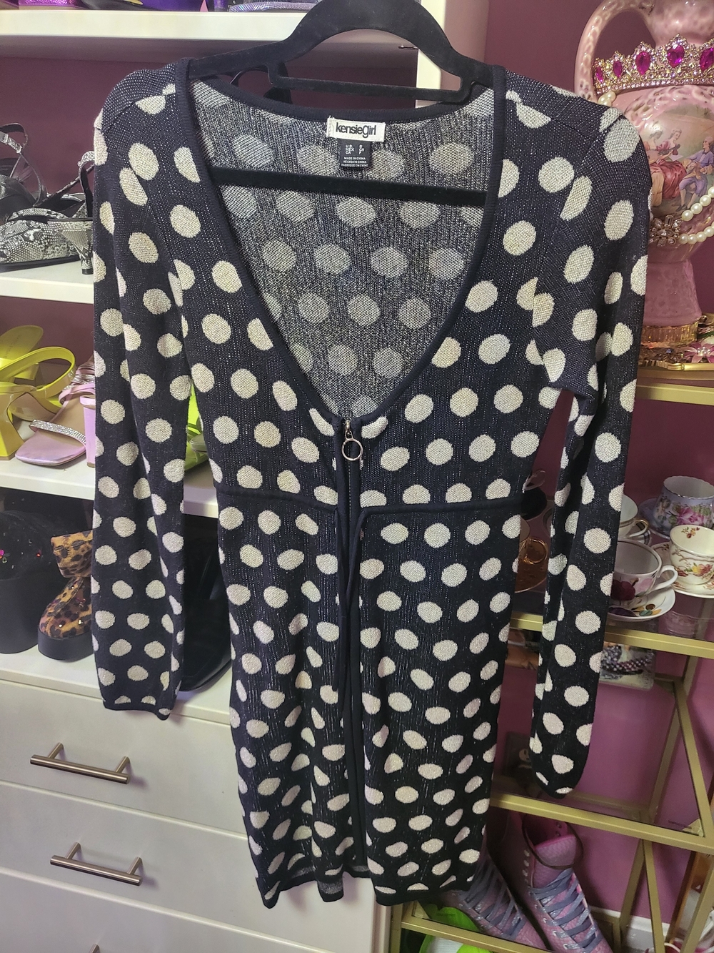 kensieGirl Black Polka Dot Zip Cardigan Dress